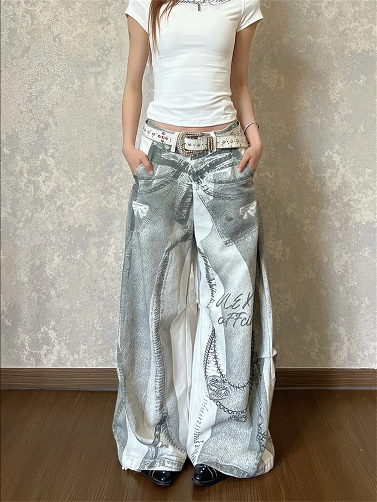 Women's Vibe Personality Print Trousers Cool Girl High Waist Wide Leg Graffiti Pants Unisex Bottoms Female Casual Sweatpants