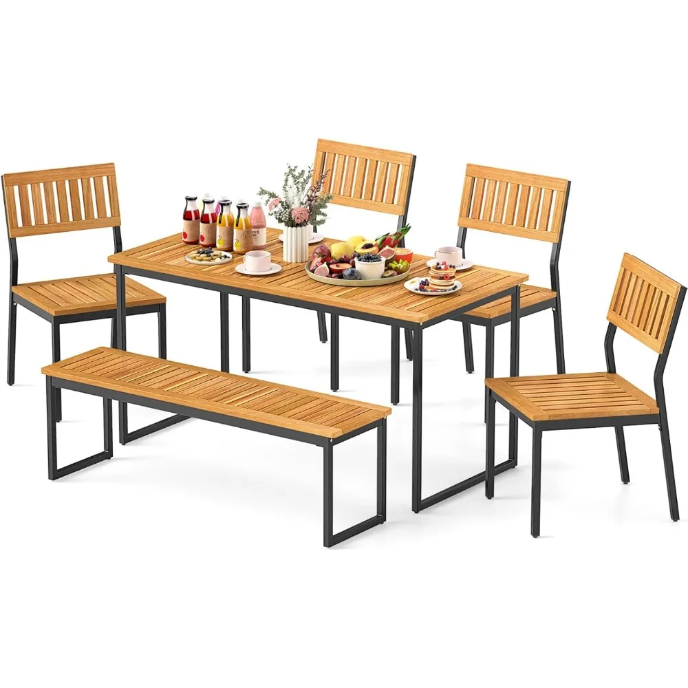 

6 Pieces Outdoor Acacia Wood Dining Set, Patio Table and Chairs Set with Bench and 2” Umbrella Hole, Outdoor Patio Dining Furni