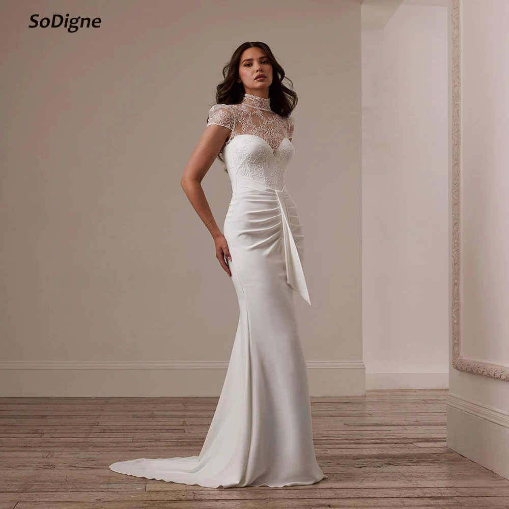 

SoDigne Mermaid Lace/Satin Bride Dresses High Neck Short Sleeves Wedding Dress Long Bridal Gowns vestidos de novia Customized