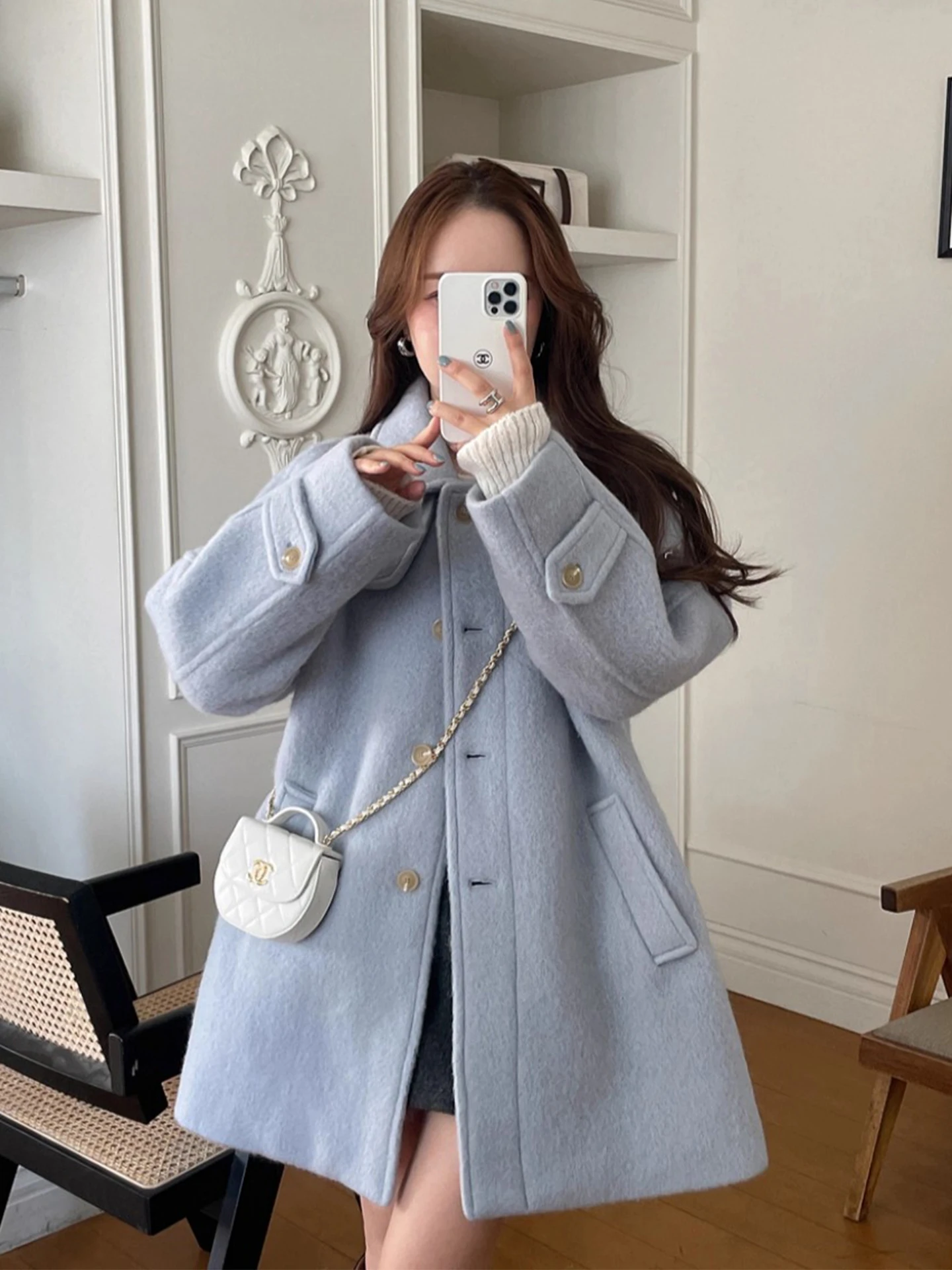 

Ele шерстяное пальто на одной пуговице, женское пальто средней длины, однотонная утягивающая верхняя одежда, корейский свободный крой, длинный све