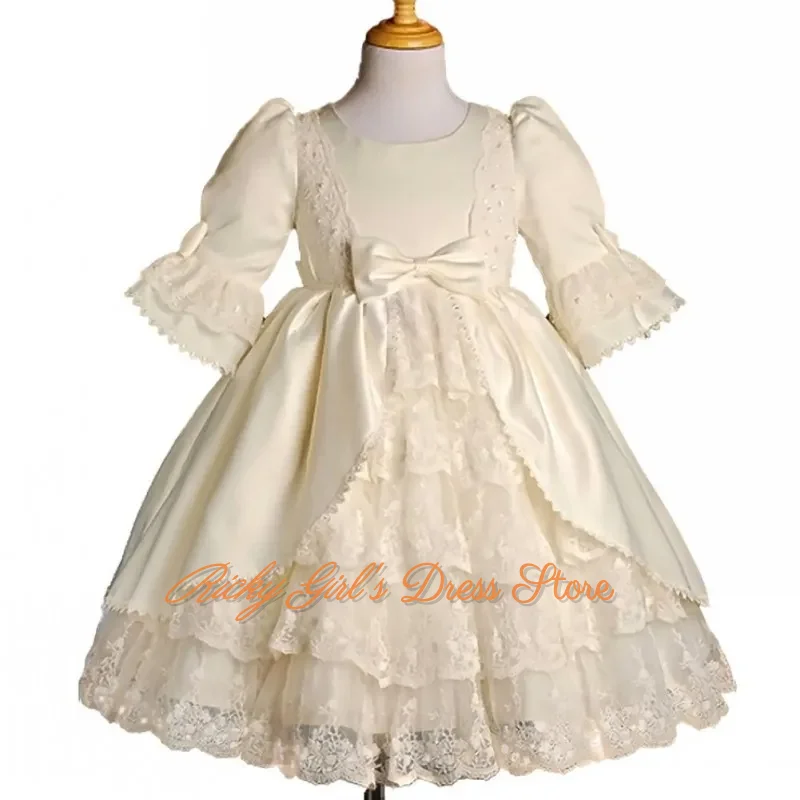 Vintage Ivory Flower Girls Dresses For Wedding Half Sleeve Lace Sequins Kids Birthday Party First Communion Gown Customized