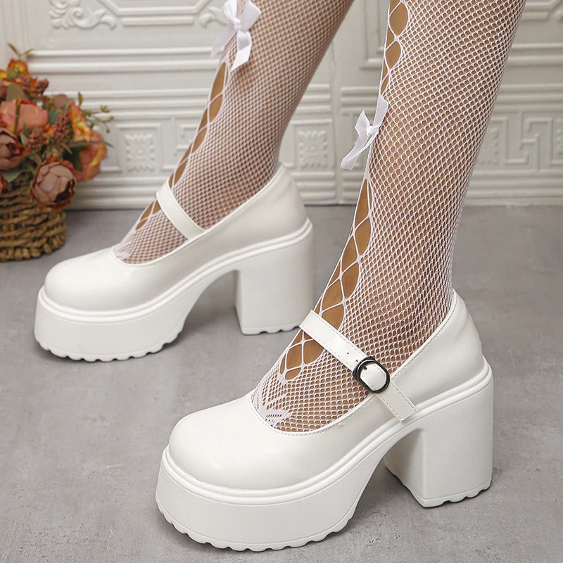 White Platform High Heels Pumps Women Patent Leather Chunky Heeled Mary Jane Shoes Woman Round Toe Buckle Strap Student Shoes