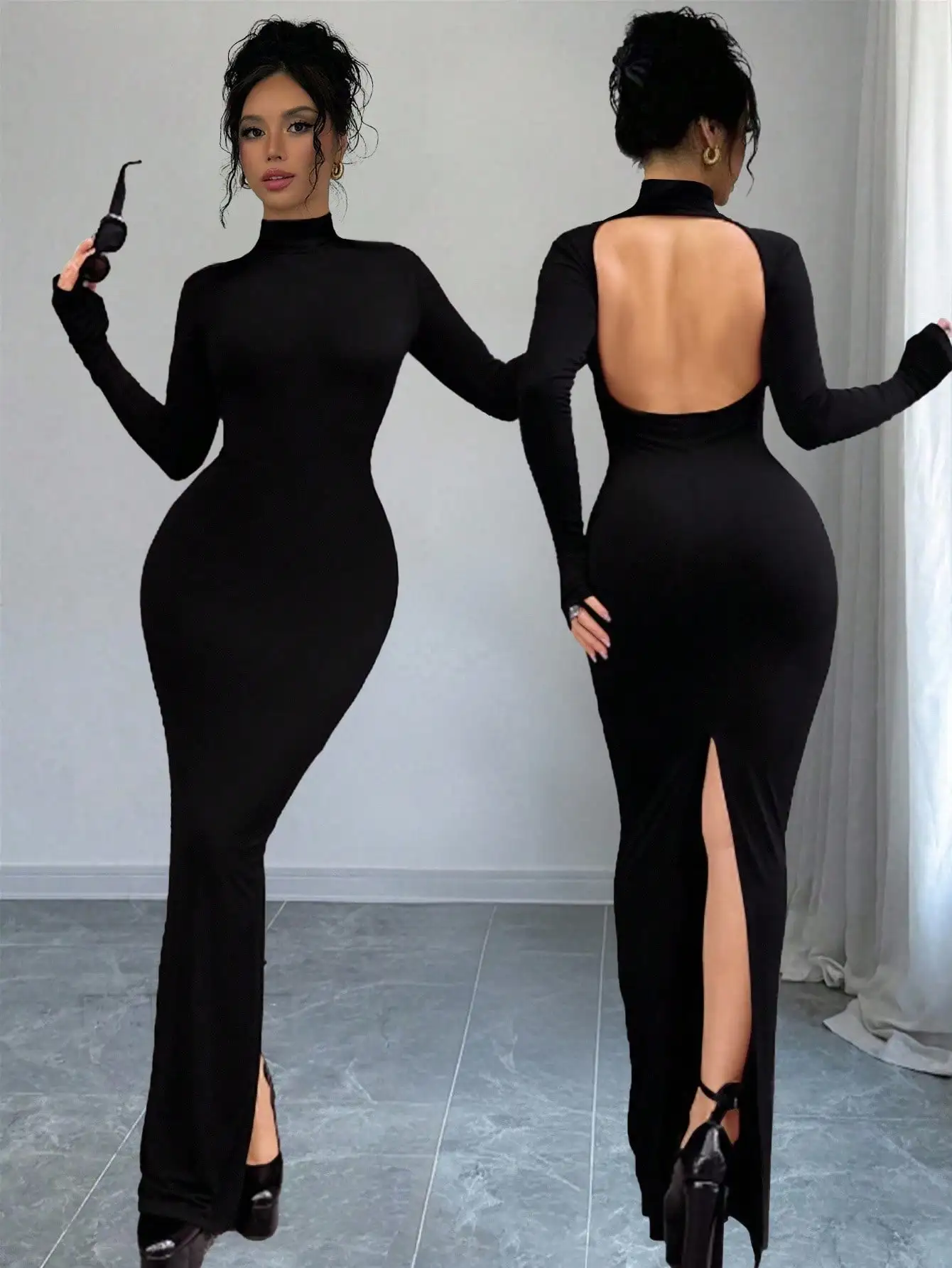 

Black High Neck Long Sleeve Bodycon Dress with Back Cutout and Side Slit