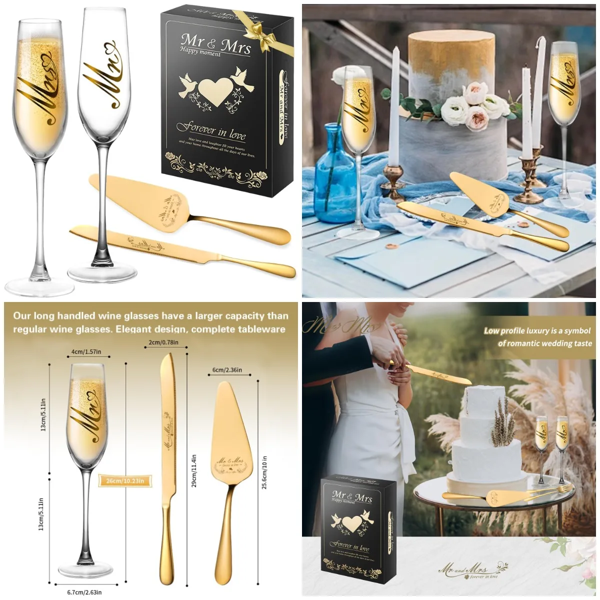 

Mr & Mrs Champagne Flutes, Wedding Cake Knife Set, Bridal Shower Gift for Couples (Gold, Set of 4)