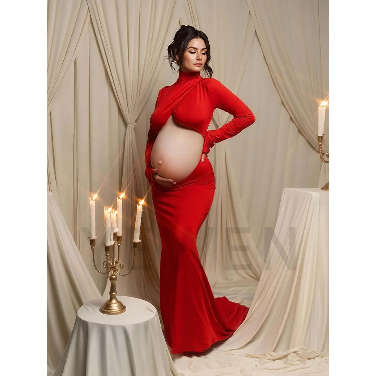 Long Sleeves Stretchy Fabric Maternity Dresses for Photo Shoot Show Belly Baby Shower Dresses YW243168