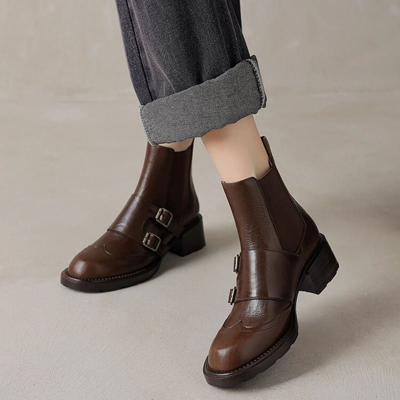 NEW Autumn Women Boots Round Toe Chunky Heel Shoes Split Leather Shoes for Women Slip-on Ankle Boots Belt Buckle Chelsea Boots