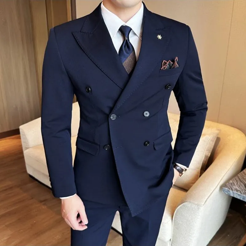 

Мужской костюм-двойка с двубортным пиджаком, деловой повседневный, для свадьбы, в корейском стиле, приталенный, для жениха и свидетелей