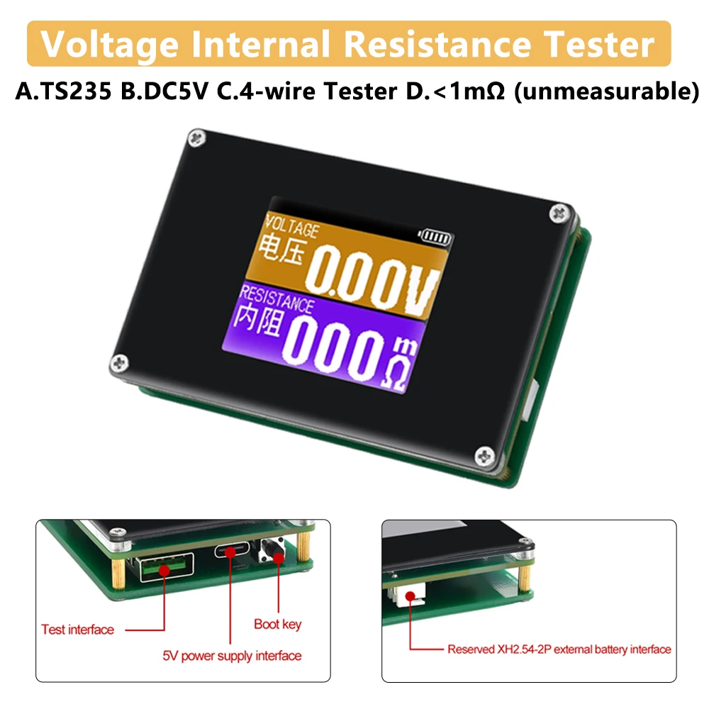 バッテリー電圧計,4線式,延長ケーブル付き,18650バッテリー用オームテスト,s235 dc5v