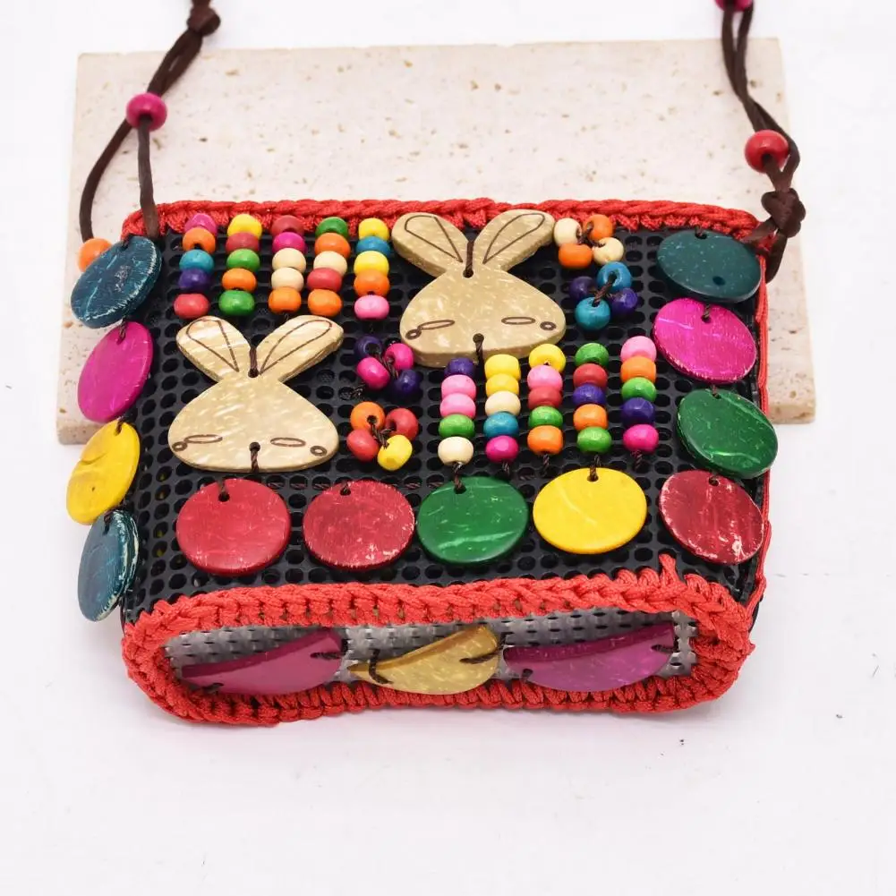 Medium Size Women Bag Bright Color Beads Ethnic Style Shoulder Bag Retro Cartoon Flower Bunny Square Travel for Christmas