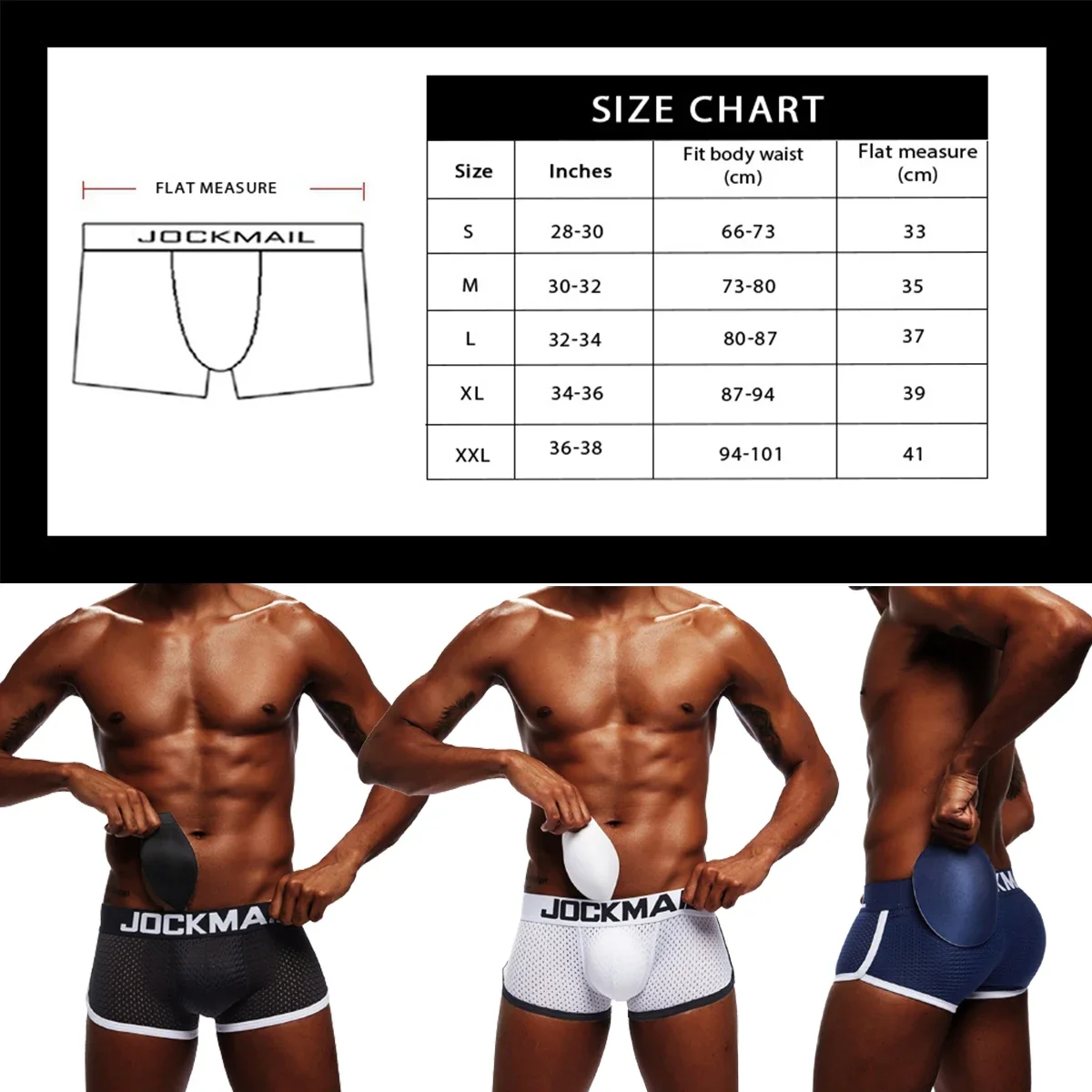 JOCKMAIL Cotton Boxer Men's Package and Butt Padded Underwear Enhancing Trunks Mesh Breathable Sponge Push Cup Pads Male Boxers