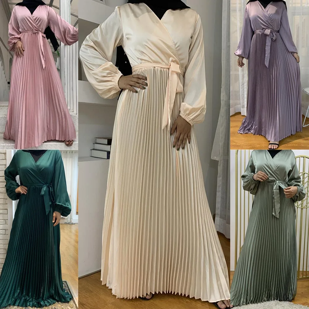 

Arab Kaftan Long Dress Muslim Pleated Ramadan Loose Fashion Maxi Robe Abaya Women Middle East Robe Turkish V-neck Dresses New