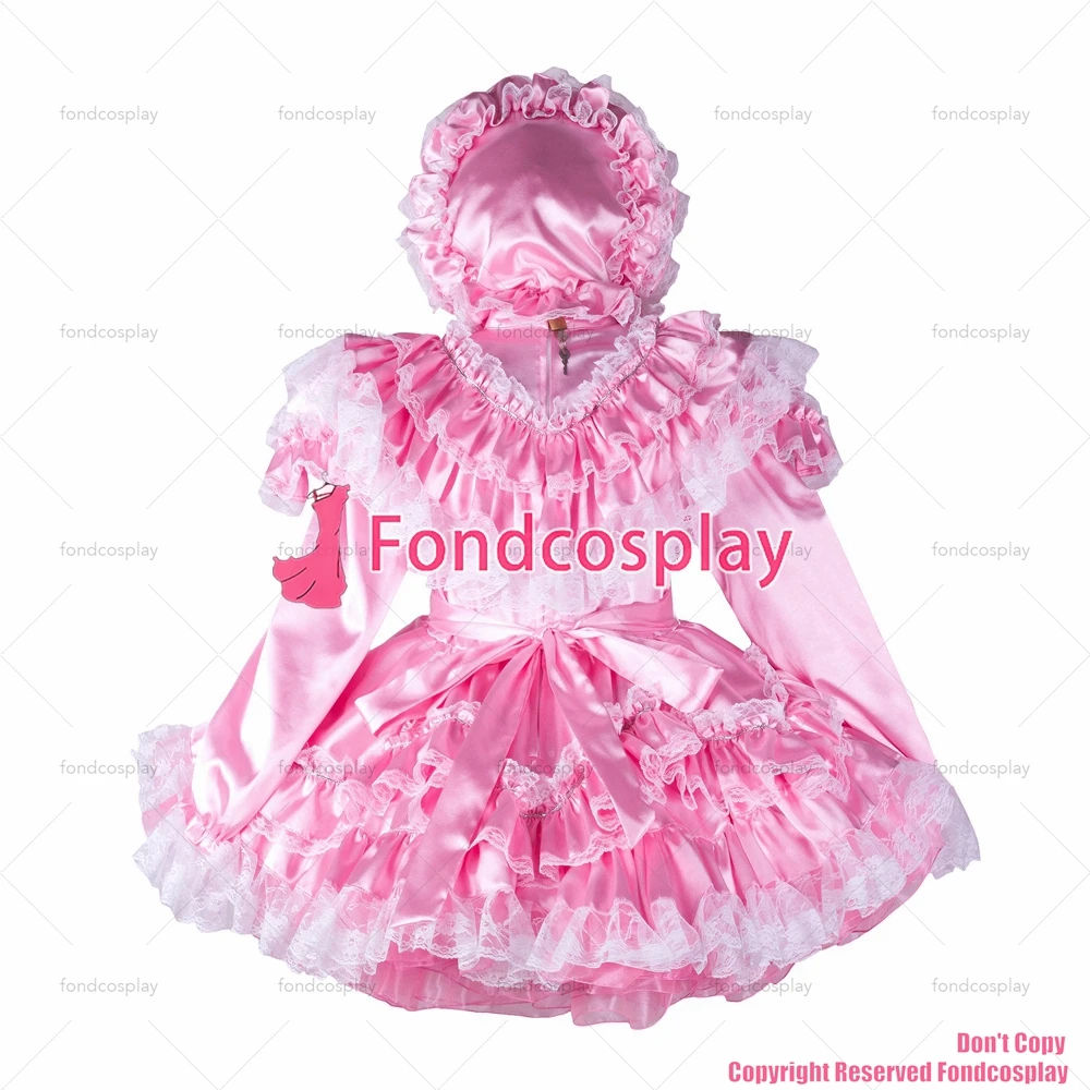 Fondcosplay adulto sexy vestito incrociato sissy maid short baby abito in raso rosa cappuccio con serratura costume uniforme su misura [G2364]