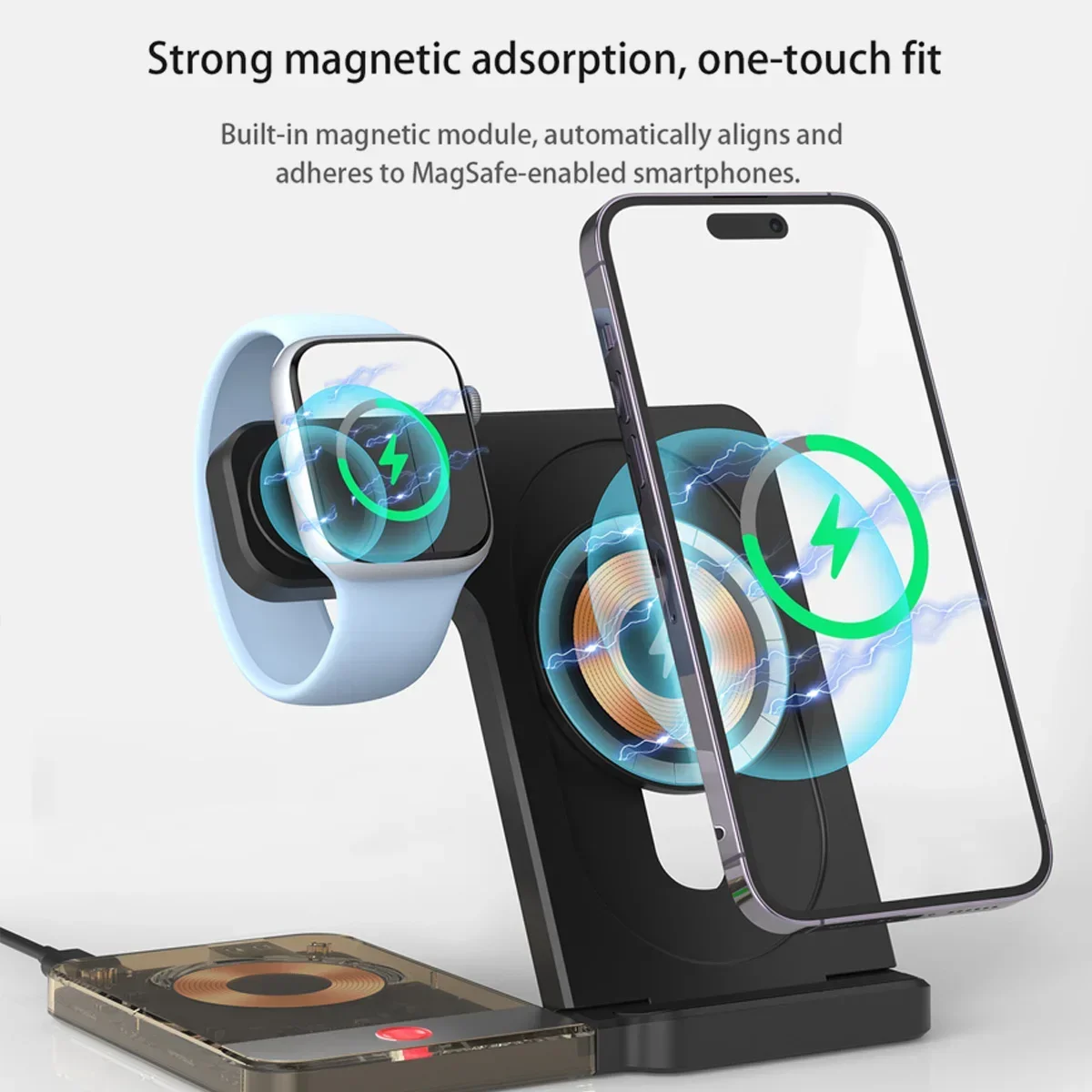 15W MagSafe Compatible Wireless Charger Stand - Fast Charging Station for iPhone Pro Max and AirPods, Phone Holder Design for Travel Home Office Bedside, Stable and Secure Magnetic Adsorption, Easy to Carry Anywhere