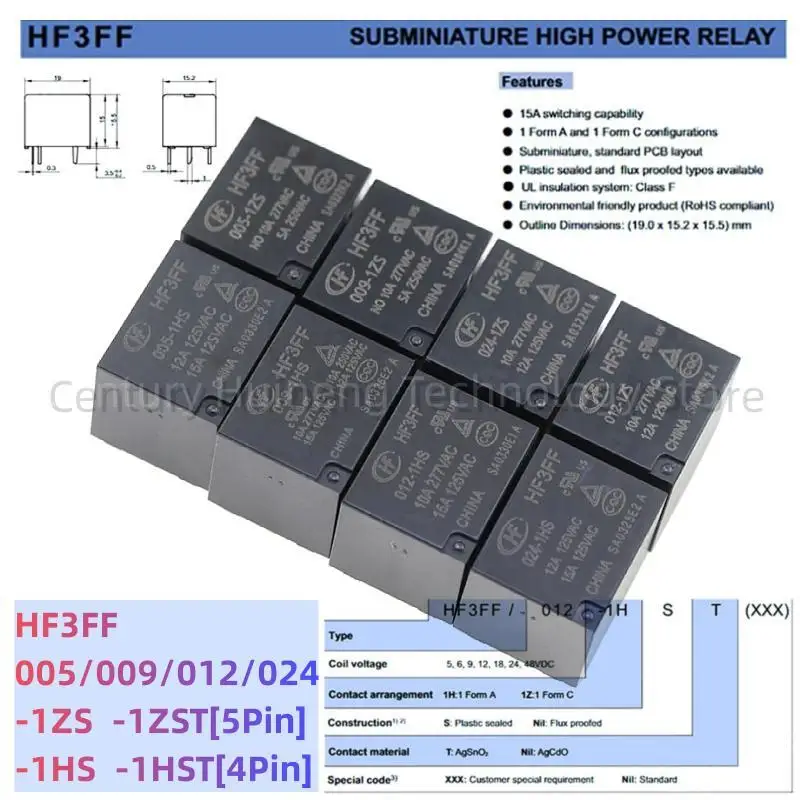 5pcs HF/JQC-3FF- 005 / 012 / 024-1HS/1HST/1ZS/1ZST 4Pin 5Pin 10A 15A Power Relays  DC 5V 9V 12V 24V SRD T73