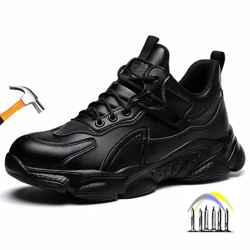 waterproof safety shoes puncture proof black PU leather work shoes anti smash anti stab work safety sneakers women men for work