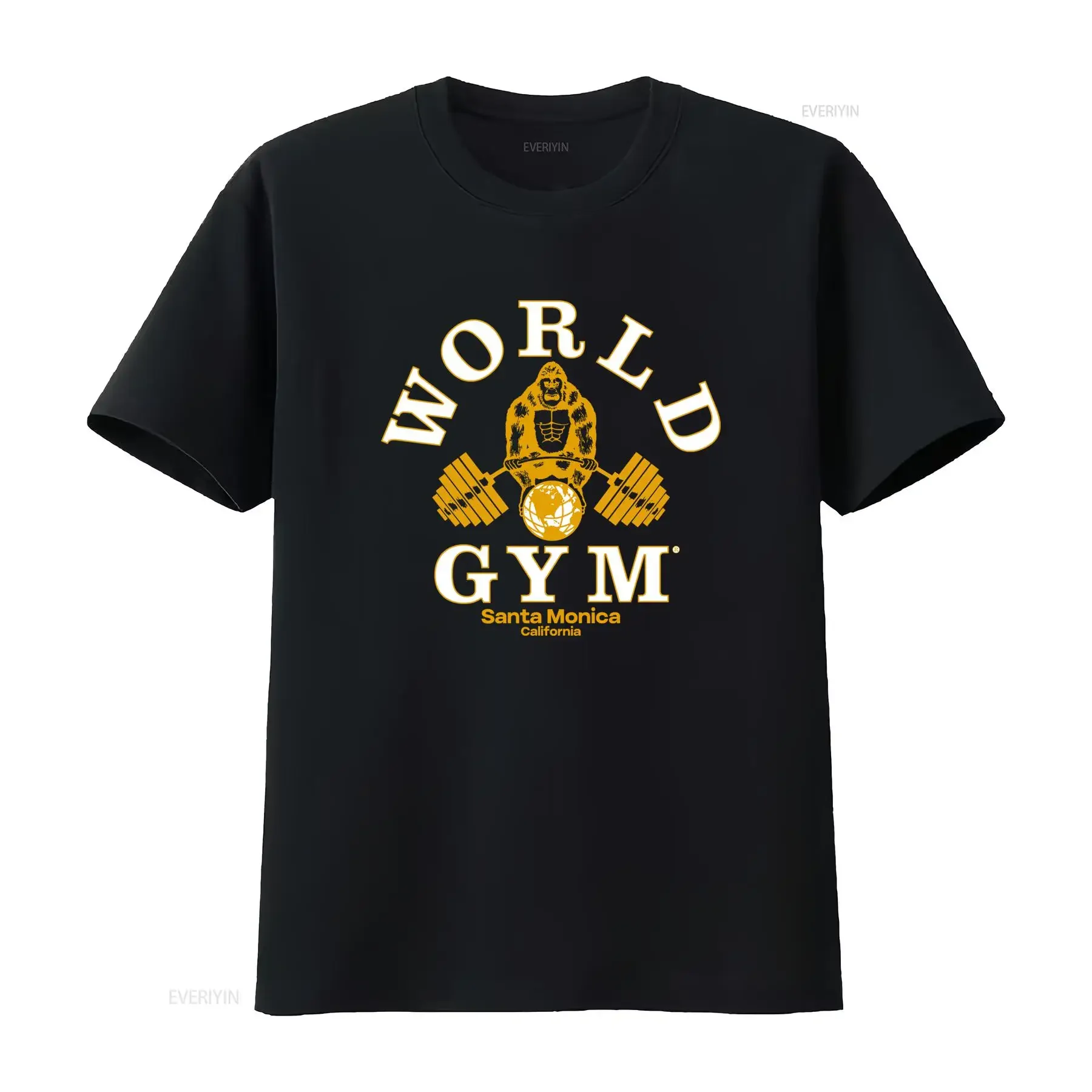 S World Gym Retro Logo T Shirt Vintage Muscle Beach Bodybuilding with Santa Monica Print Black Golden Weightlifting vintage