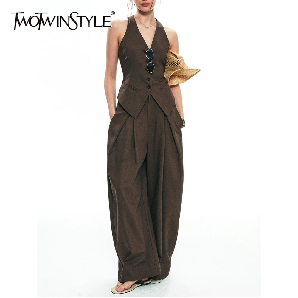TWOTWINSTYLE White Spliced Single Breasted Two Piece Set Female V Neck Sleeveless Shirt Basics Women's Skirt Set Summer Fashion