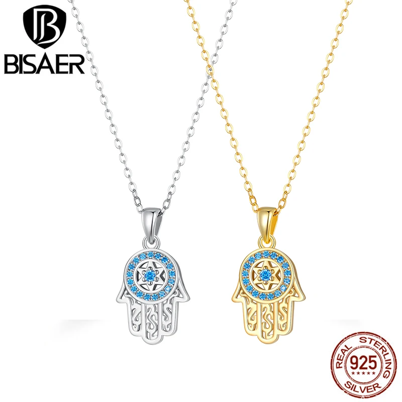 BISAER 100% 925 Sterling Silver Fatima Hand Pendant Necklace  Guarding Hand Adjustable Chain for Lucky Women Fine Jewelry