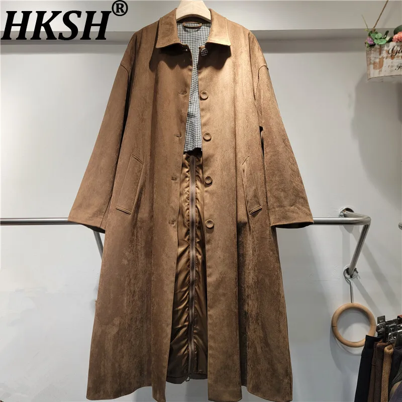 

HKSH Autumn Winter New Women Long Trench Coat Turn-down Collar Single Breasted Back Zipper Spliced Plaid Ins Windbreaker HK11171