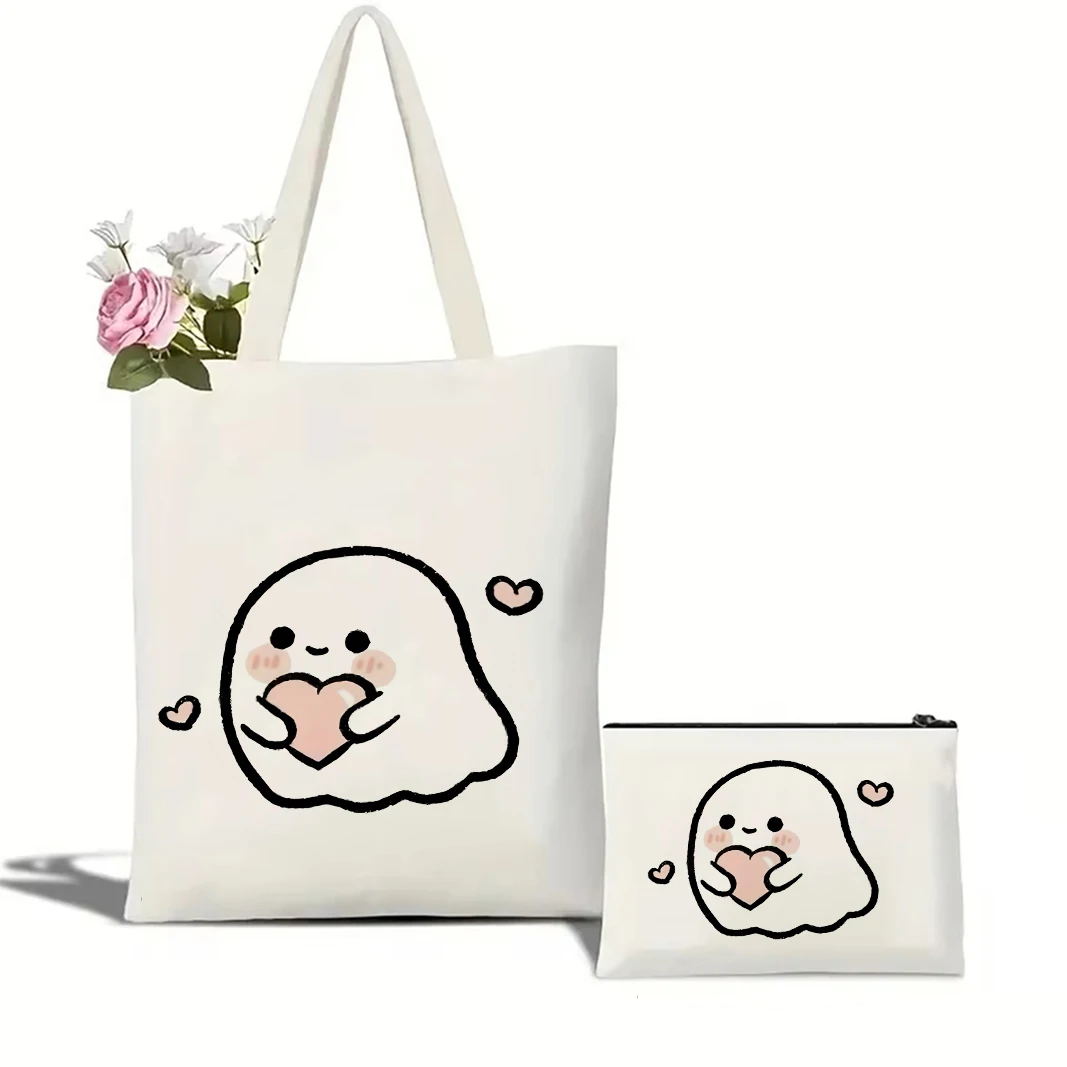 

Funny Ghost Black Cat Idea Print Canvas Tote Bag Unique Casual Shoulder Bag Eco Friendly Carryall for Shopping Office Travel