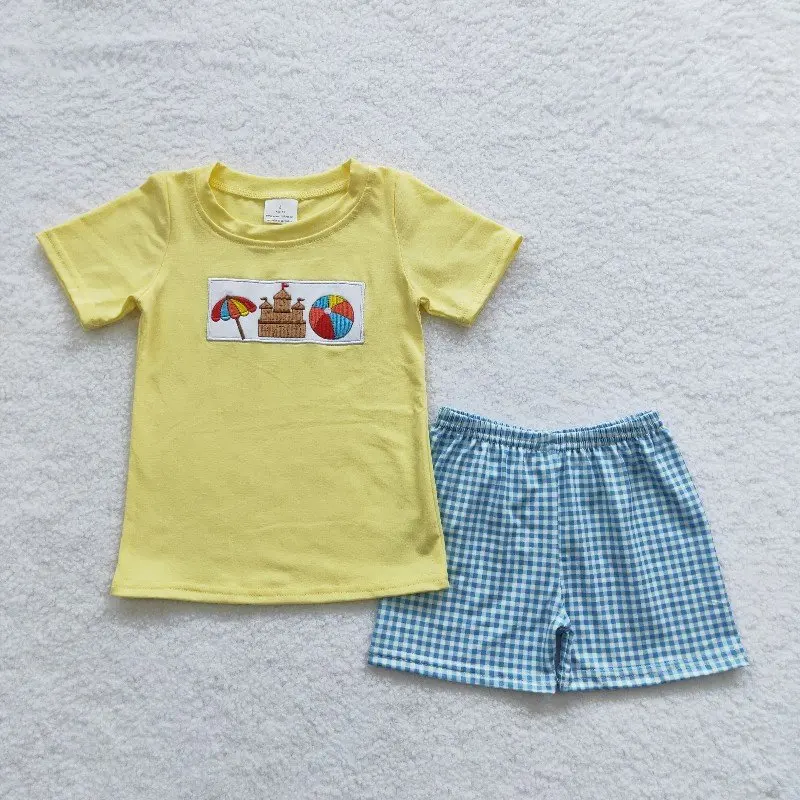 

New rts baby boys summer suits wholesale boutique girls boys embroidered beach castle yellow short sleeve blue plaid shorts set