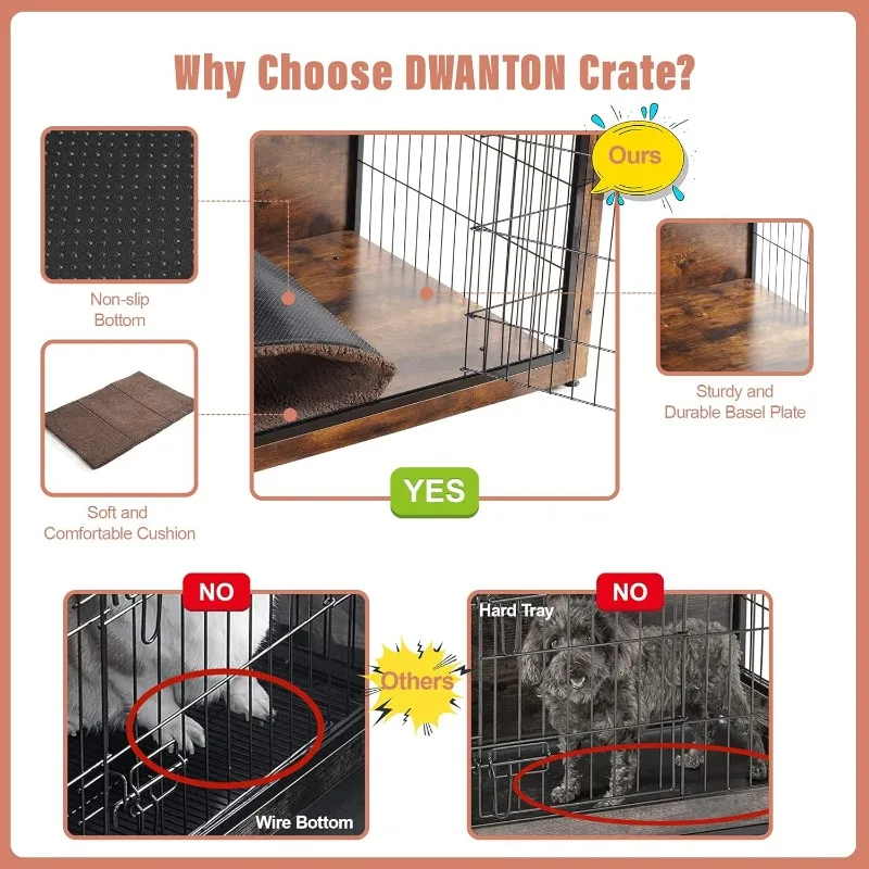 DWANTON Dog Crate Furniture with Cushion, Wooden Dog Crate with Double Doors, Dog Kennel Indoor, End Table, Small, Rustic Brown