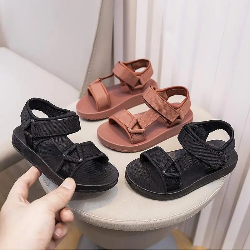 

Summer Kids Soft Soled Sandals Boys Strap-on Casual Roman Breathable Sandals Girls Solid Color Platform Velcro Beach Sandals