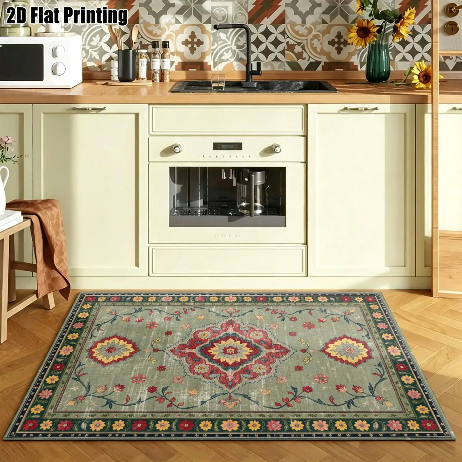 1Pc 2D Printed Carpet: Warm-Toned Retro Ethnic Floral & Geometric Patterns Home Decor, Multi-Size, Machine Washable, Ideal for Door Mats, Dining, Foyer, Study, Living Room, Bedroom Floors.