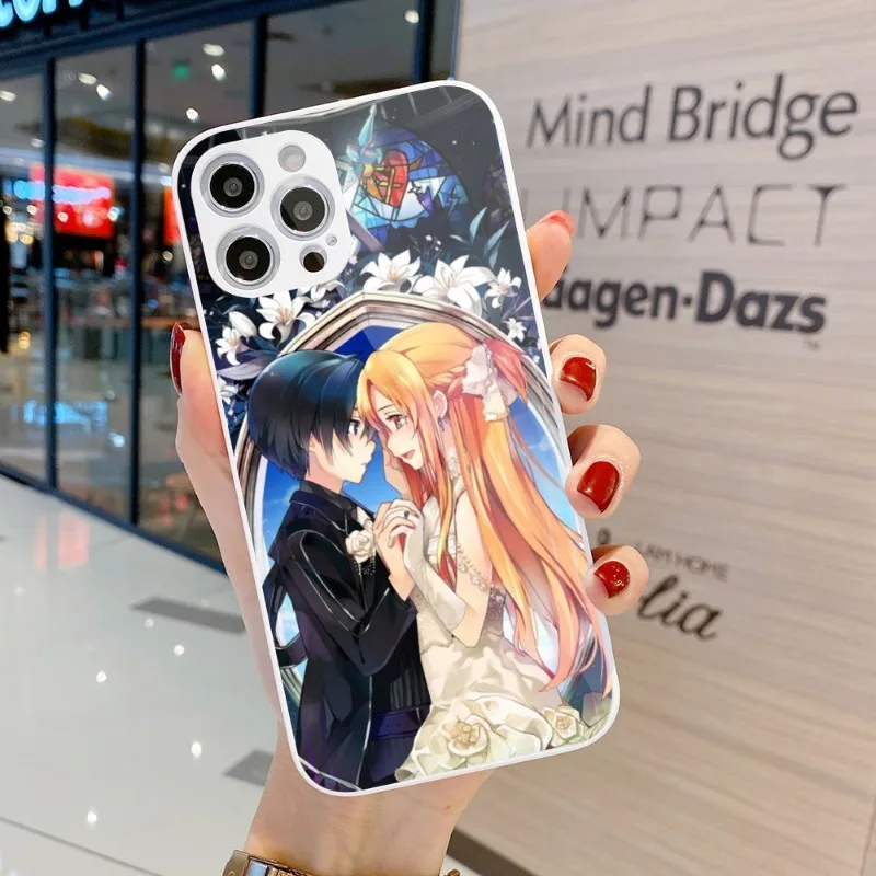 SAO Kirito Asuna Smart Phone Case for iPhone 15 14 13 12 11 Pro Max X XR XS 8 7 Plus Liquid Glass Phone Cover Funda