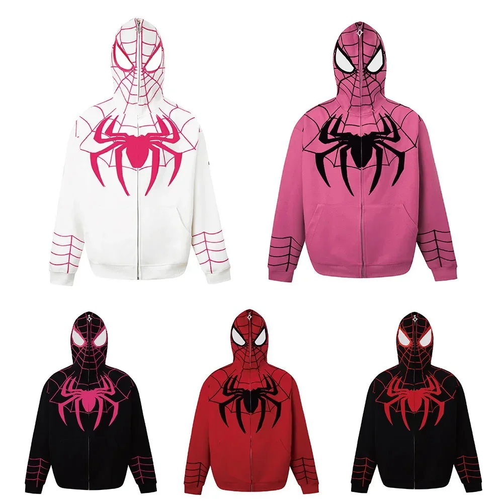 Embroidery Y2K Harajuku Sweatshirt Adult Spiderman Jacket Spider Print Full Zip Up Hoodies Men Women Hip Hop Cosplay Costume Emo