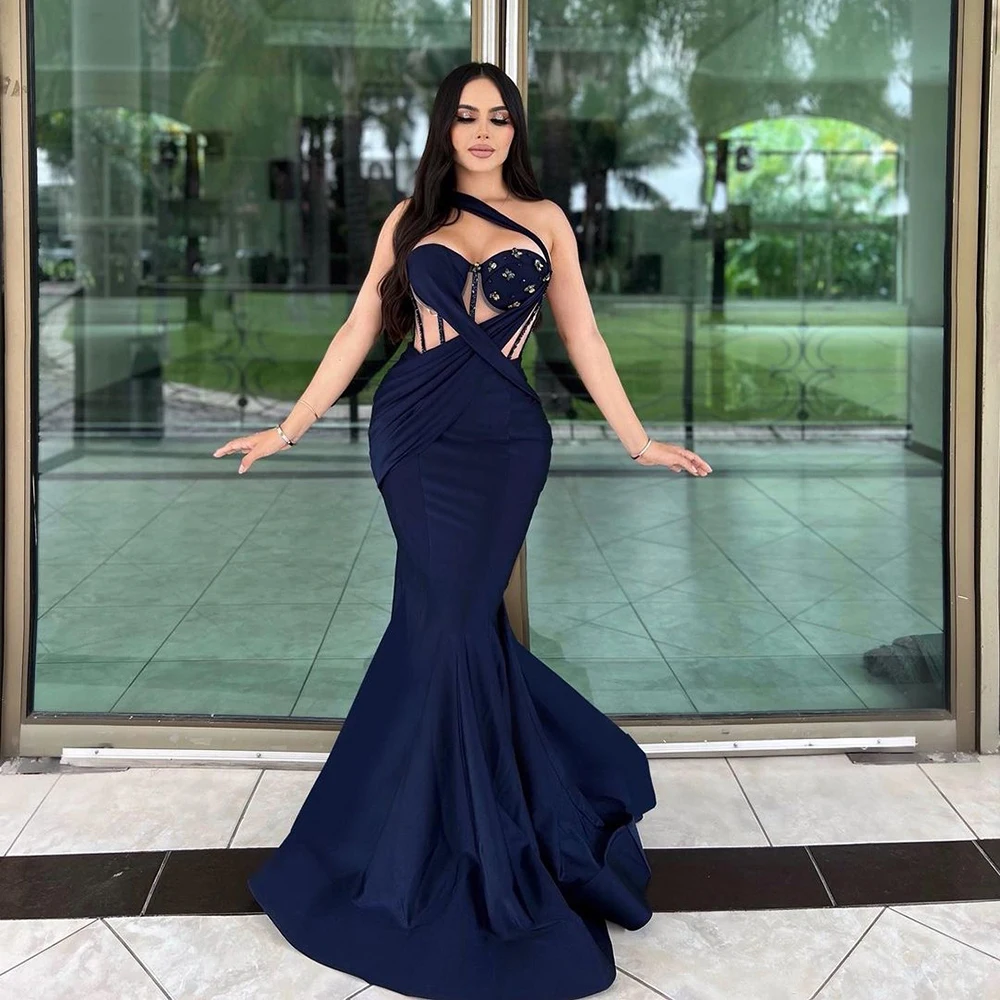 

MsikoodsNavy Blue Prom Dresses One Shoulder Beads Mermaid Formal Gown Evening Dress Saudi Arabia Dubai Party Gownsen Party