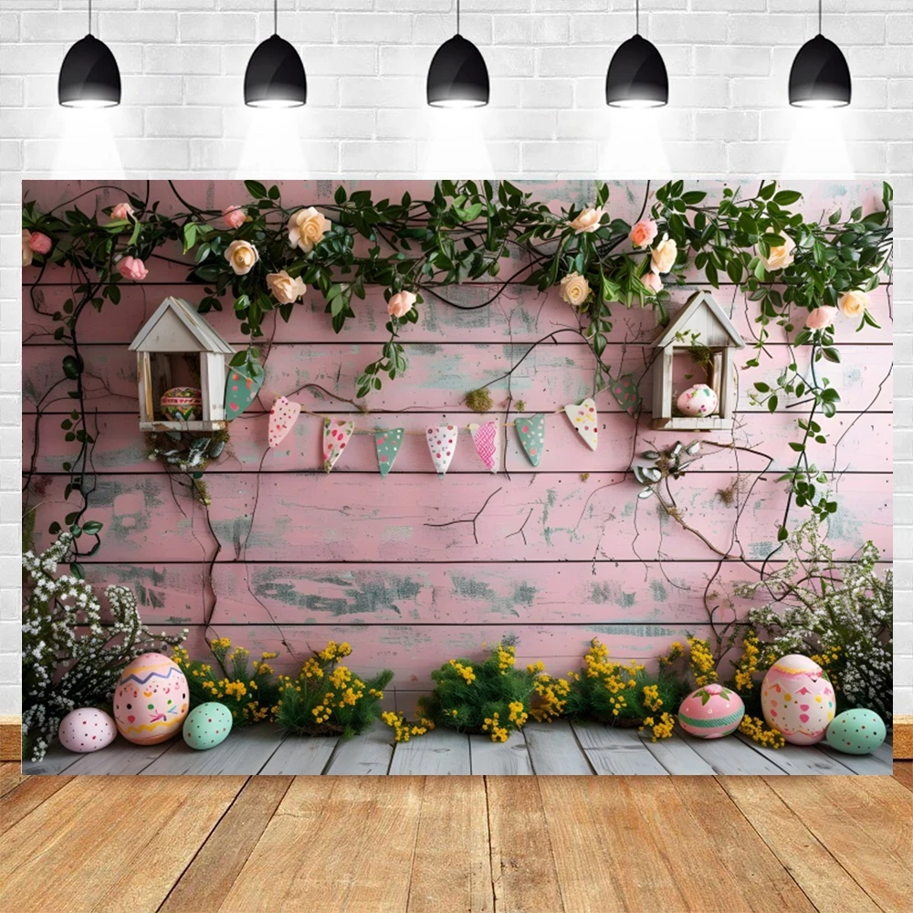 幸せなイースターデーの背景レンガの壁、木の板、春の花、ウサギ、イースターエッグ、ウサギの肖像画、写真の背景、子供のための小道具