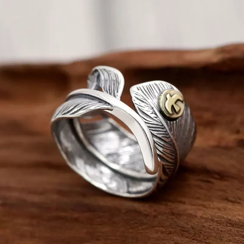 

Punk Jewelry s925 Sterling Silver Feather Living Ring Personalized Ring Ring Ring for Lovers Index Finger