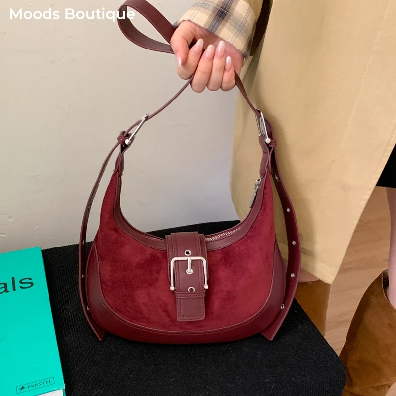 

MOODS Belt Buckle Design Crossbody Bags For Women PU Suede Commute Underarm Shoulder Hobo Bag 2025 New Designer Handbags Luxury