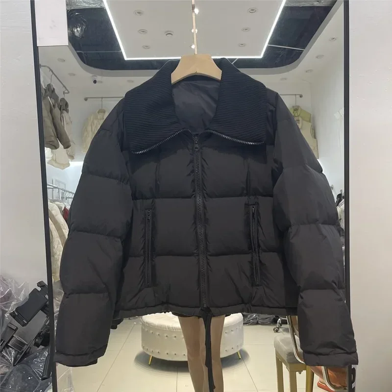 2024 New Winter Women Special Design Warm Puffer Jacket Female 90% White Duck Down Coat Slim Knitted V-Neck Casual Parka Out MN3