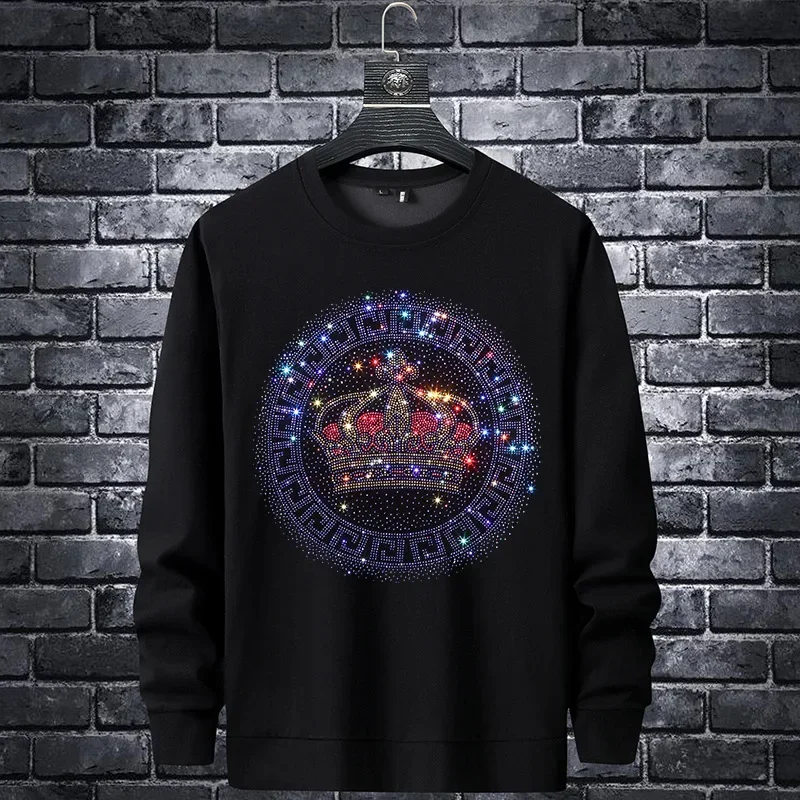 2024 Crown Rhinestones Men Hoodie Sweatshirt Fashion Streetwear Slim Full Pullover O Neck Cotton Hoodie Mens Autumn Clothes 6XL