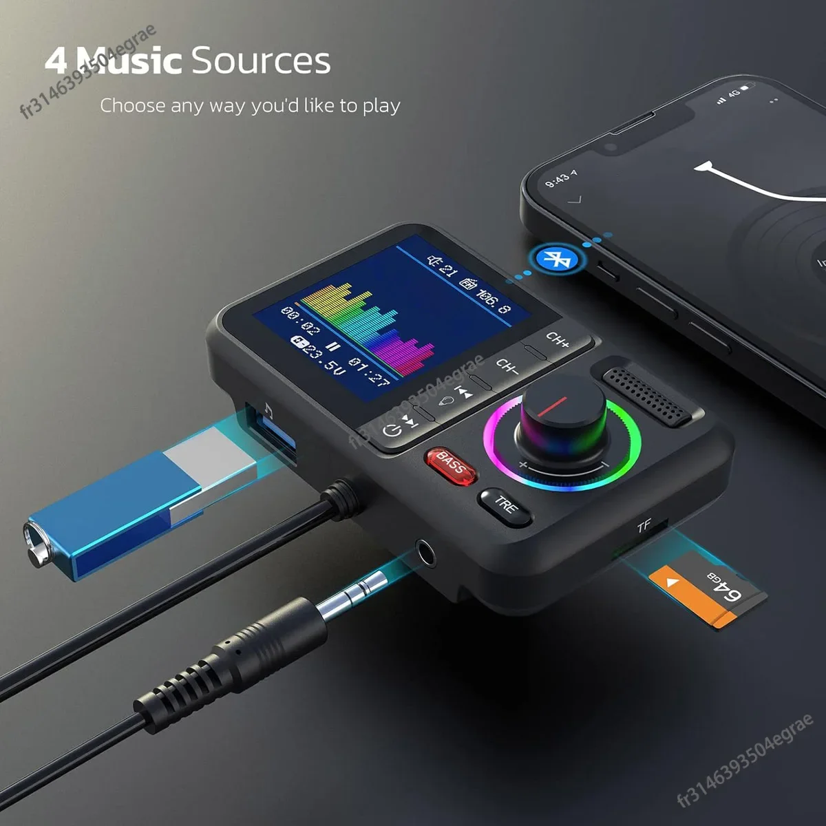 جهاز إرسال FM لاسلكي مع شاشة ملونة كبيرة 2.4A QC3.0 مزدوج USB شحن سريع حر اليدين مكالمة سيارة AUX محول مشغل موسيقى MP3