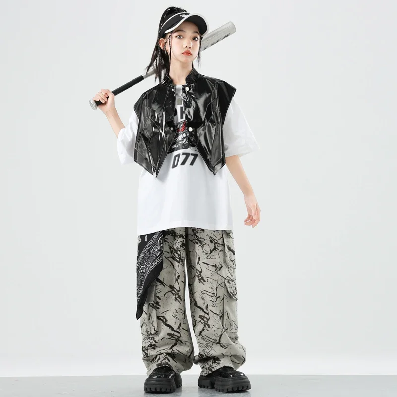 Roupas de hip hop meninos camiseta colete calças camufladas meninas legal jazz dança de rua traje crianças conjunto adolescente k-pop streetwear