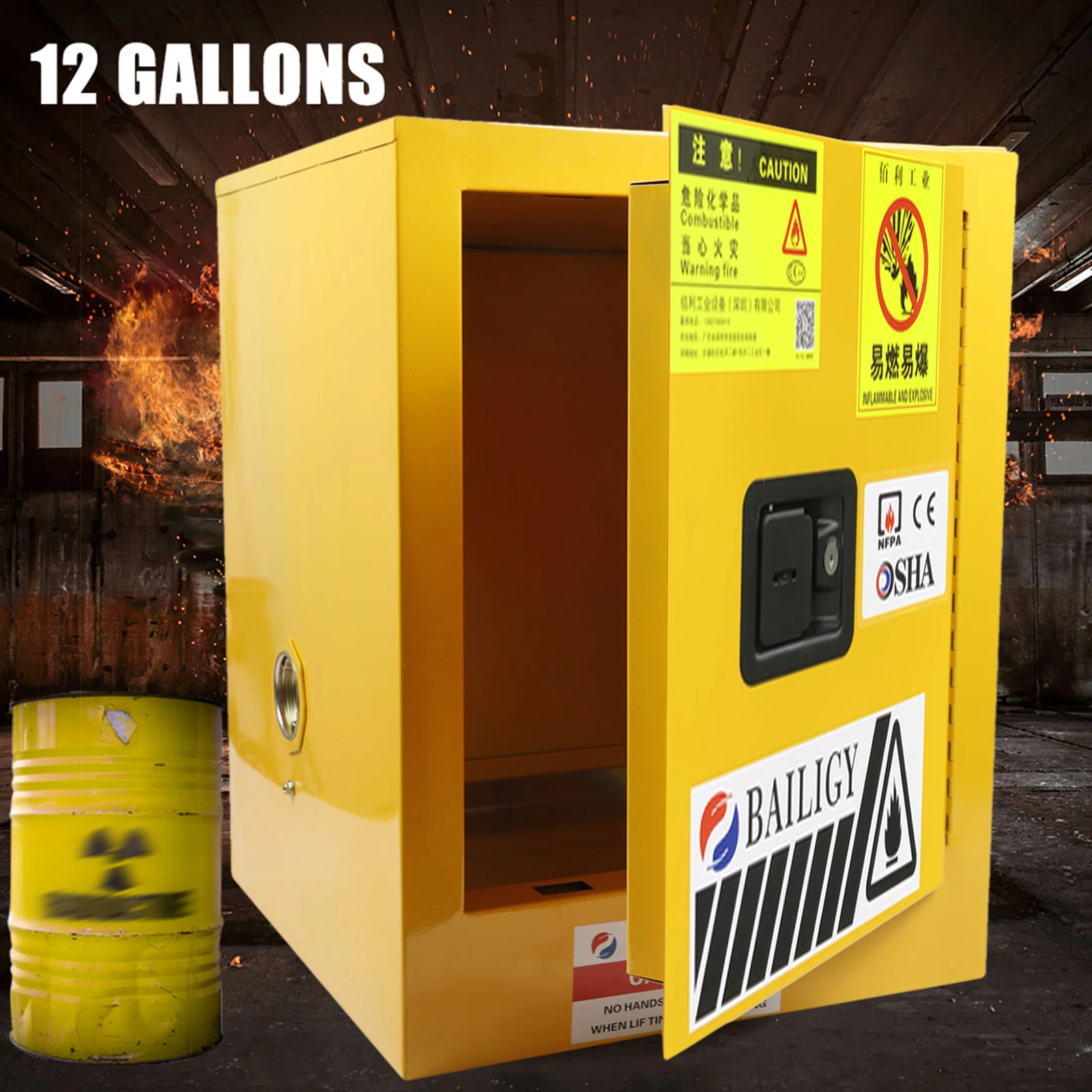 Flammable Safety Storage Cabinet for Chemicals, Gasoline & Alcohol, Fireproof Lab/Industrial Cabinet, Adjustable Shelves