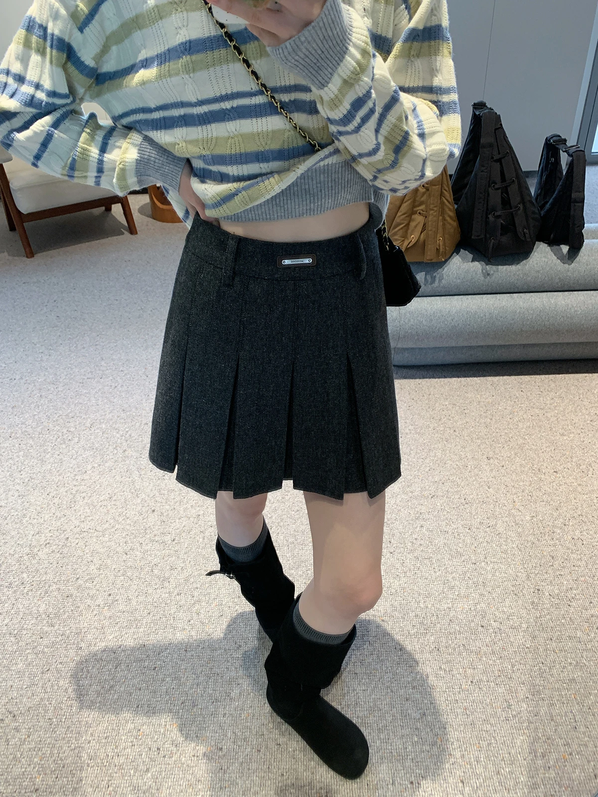 

Autumn Winter Woolen Plaid Skirt High Waist A-Line Skirt Double Sided Wear Se Pant Built in Ci Commute Casual Skirt