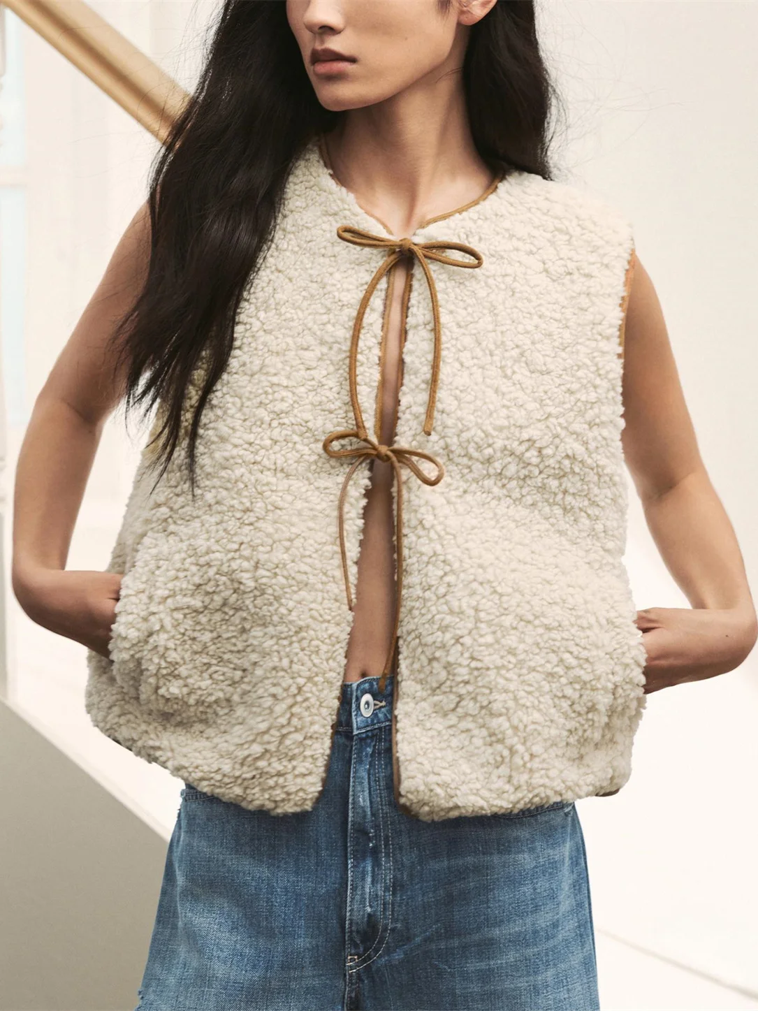 

Faionable Knot Belted Lamb Fur Vest New Autumn Women's Casual Sle Clothing round Neline Regular Length