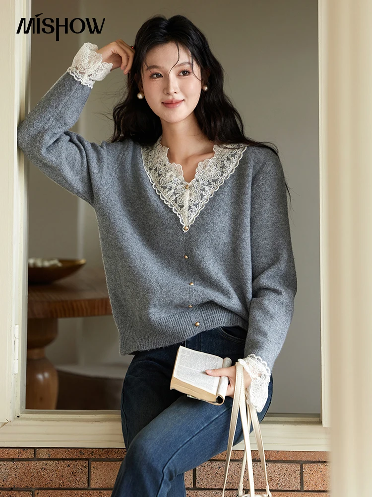 MISHOW Lace Knitted Sweater Wool Blend Spliced Metal Buttons V-Neck Pullovers Temperament Sweets Warm Outerwears Tops MXD58Z1126