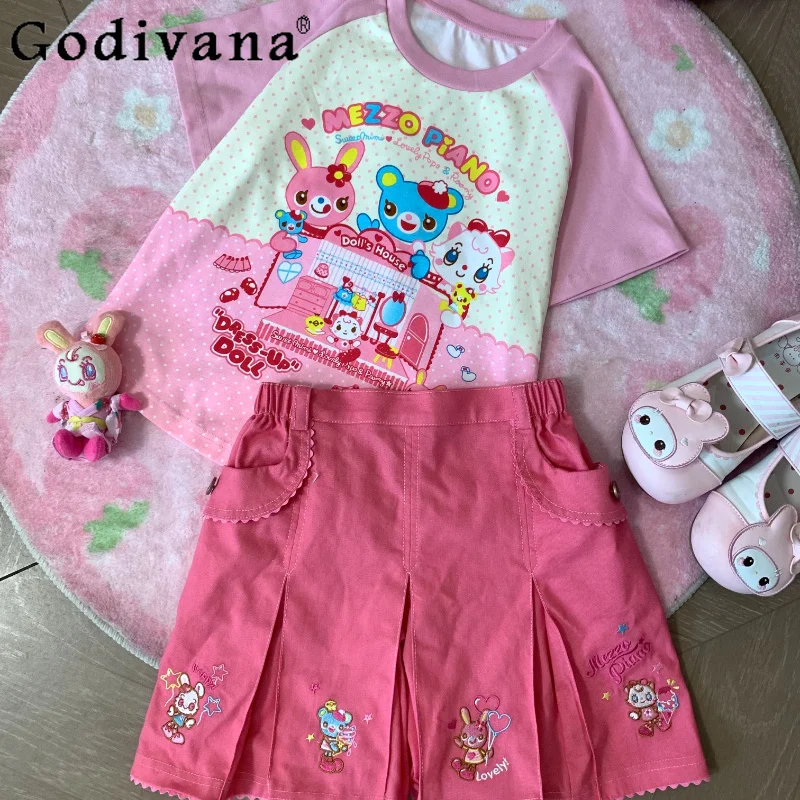 

Original Japanese Kawaii Girls Cartoon Embroidery Skirt Set Summer New Daughter Cute Clothing T-Shirt Denim Skirt 2-piece Set