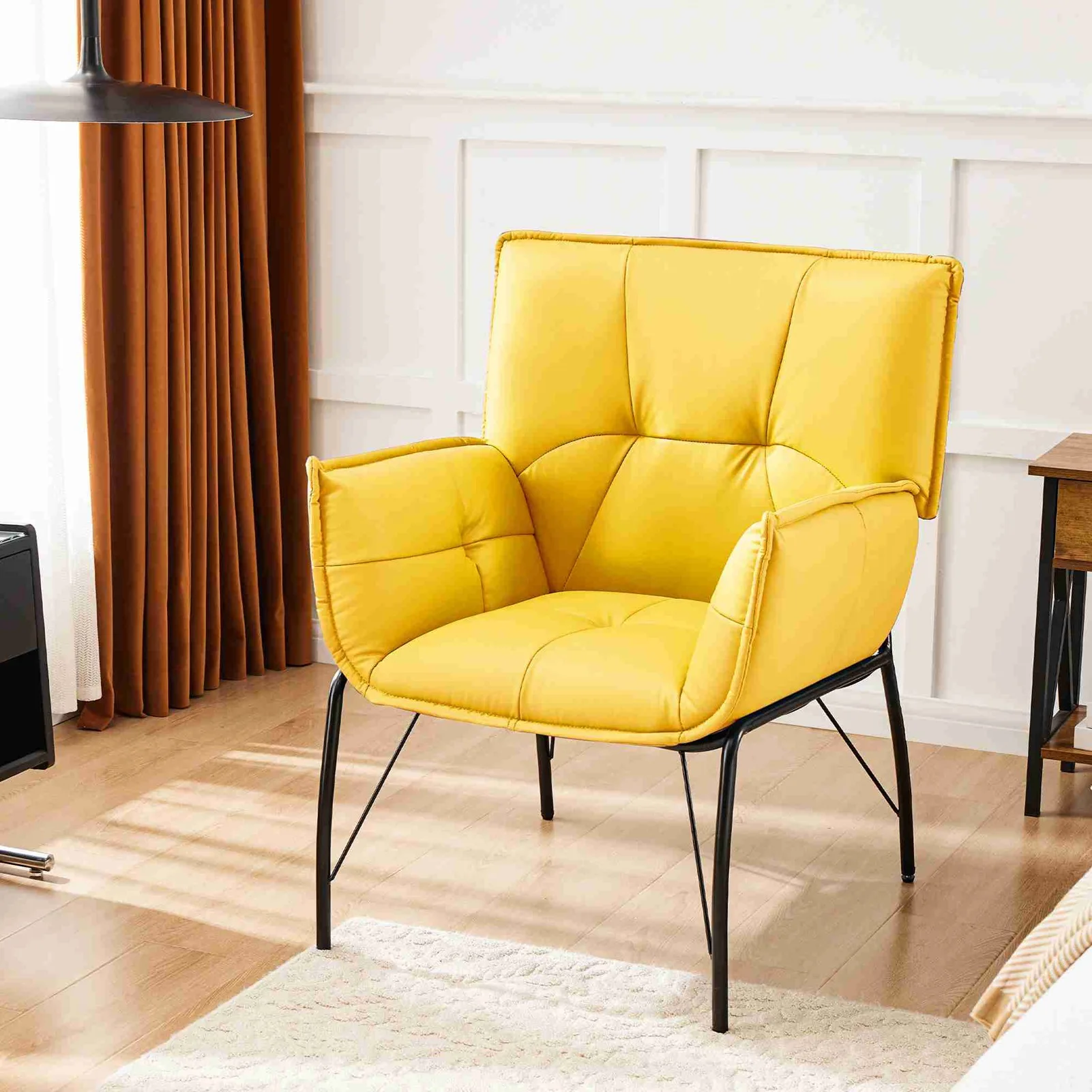 Chair Body Hugging Chair Metal Legs Faux  Sponge Filling Modern Chair For Reading Room Relaxing Room Yellow Lounge Accent Chair