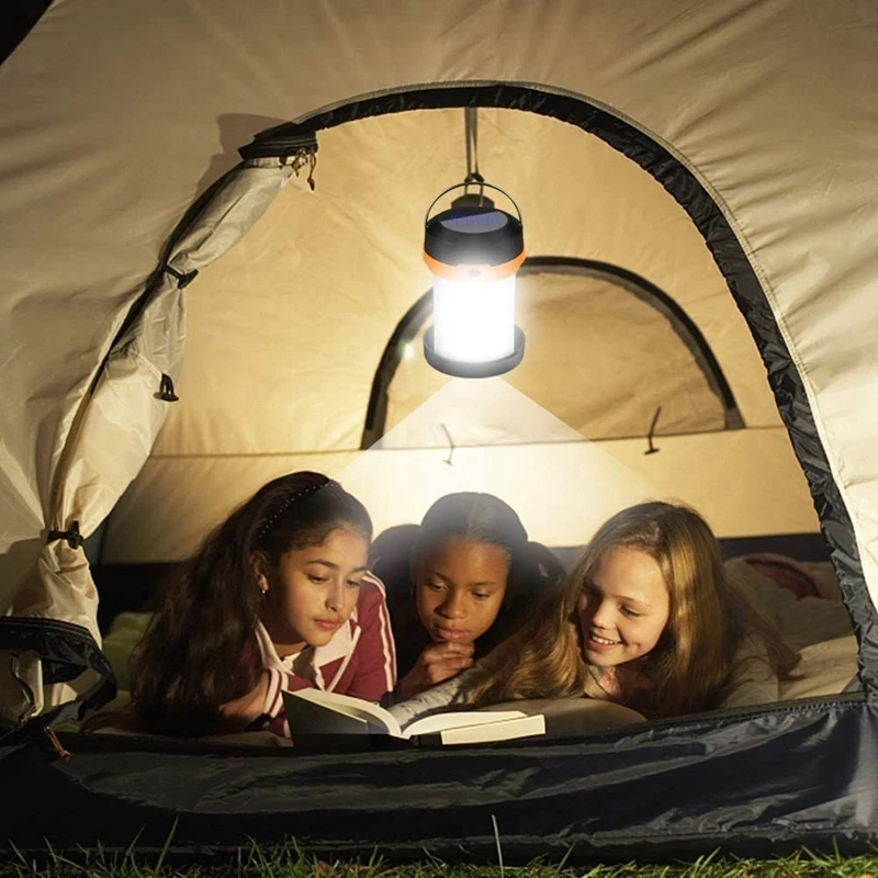 Portátil Solar Powered LED Camping lanterna, USB, dobrável, carregável, Caminhadas, Tenda, Caça