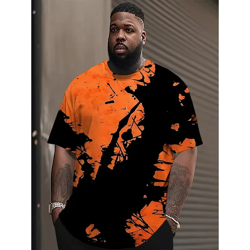 Men Plus Size Orange Black Splash Ink Print T Shirt O Neck Short Sleeve Loose Streetwear Casual Male Big Size Tops