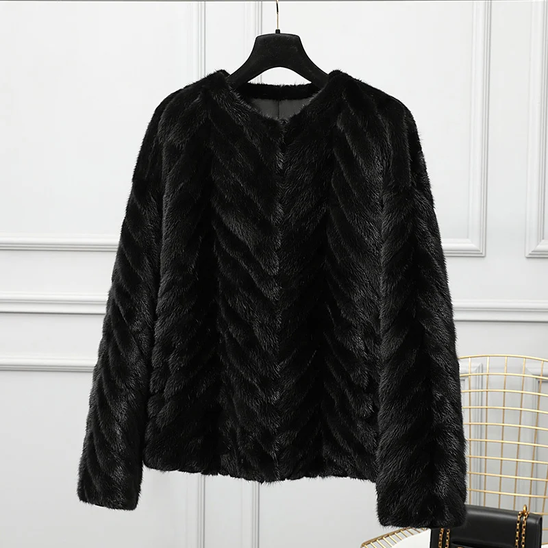 Real Natural Mink Fur Coat Womne 2021Long Sleeve Short Round Neck Mink Fur Jacket Luxury Real Mink Fur Coat Winter New Outwear