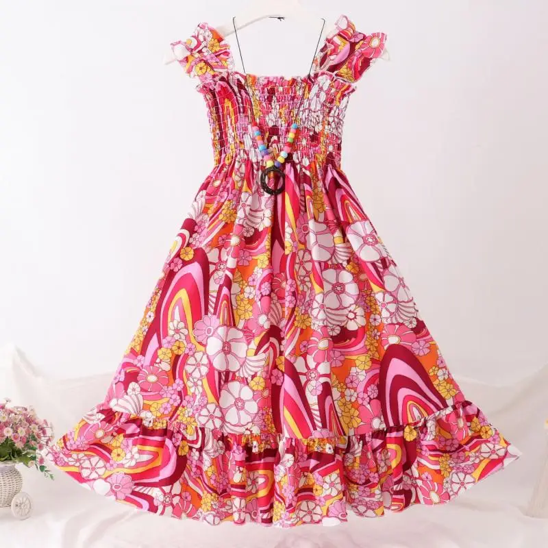 Bohemian Style Girl's Summer New Floral Ruffled Beach Party Long Tank Top Dress Sweet and Cute Fashion Princess Skirt