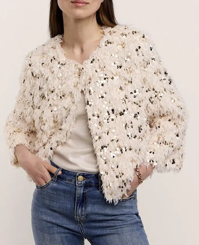 2025 Women's Latest Hot Selling Elegant Contrast Sequin Plush Fleece Open Front Fall Coat Fashion Warm Cropped Winter Outwear