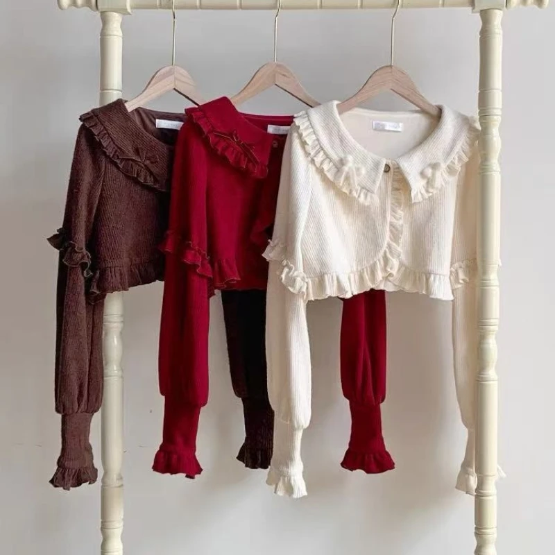 

Японский осенний кардиган в стиле кавайи лолита, милый свитер с воротником Питер Пэн, рюшами, длинными рукавами, винтажный элегантный приталенный пиджак с бантом